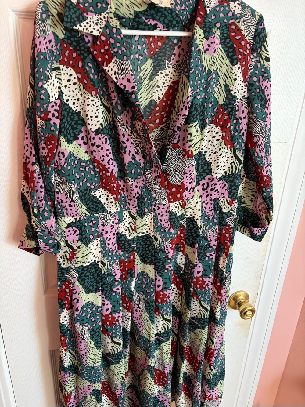 Abstract Print V-Neck Women’s Dress in Green, Pink, Red